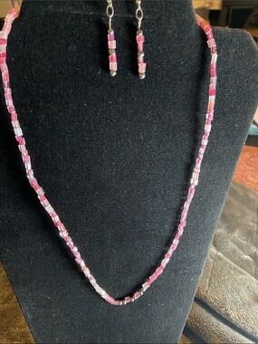Handmade Pink Beaded Necklace & Earrings Set